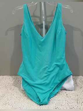 SPANX Swim Textured V-Neck One Piece Swimsuit Aqua Turquoise 1X